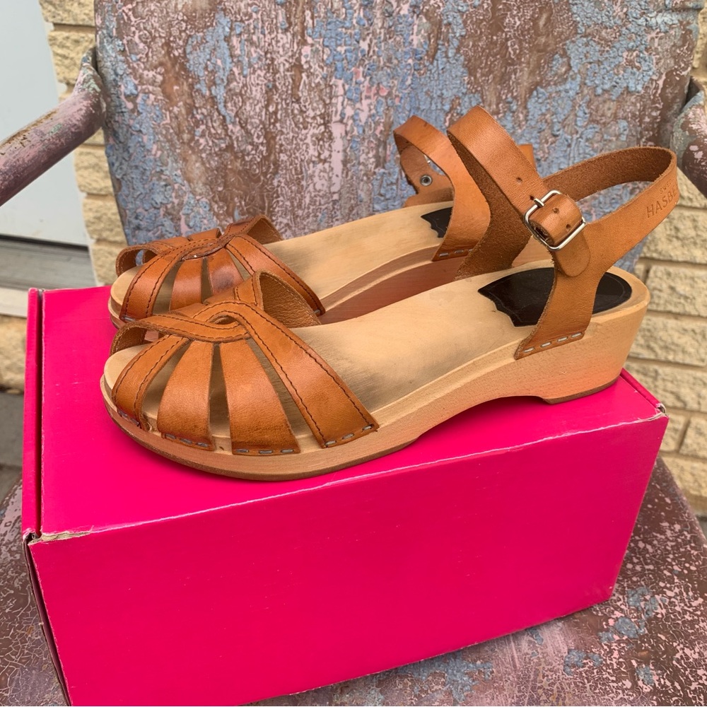 Swedish Hasbeens Shoes Sandals Cross Strap Bohemian Nature Leather EU Size 39